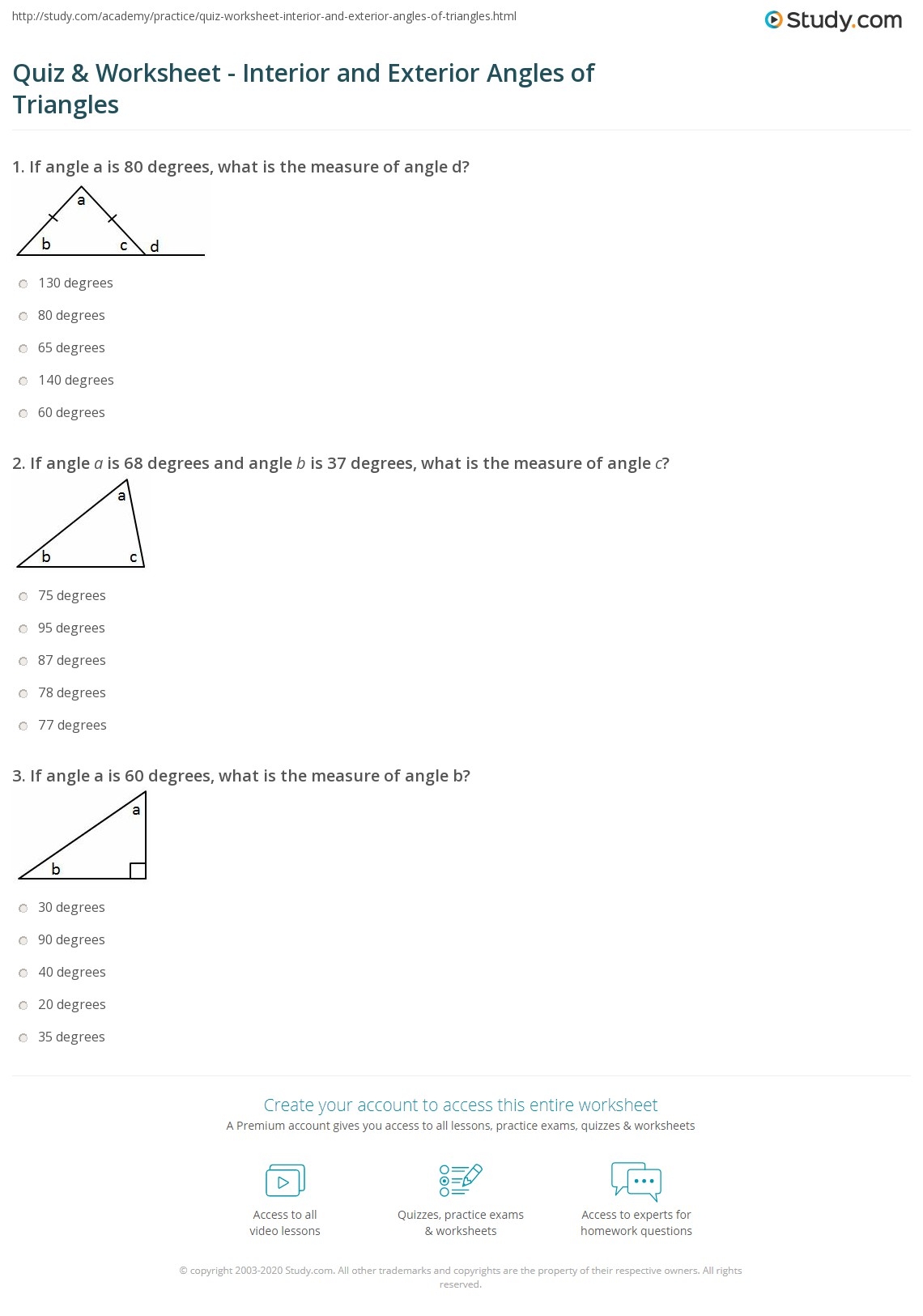 Quiz Worksheet Interior And Exterior Angles Of Triangles Study