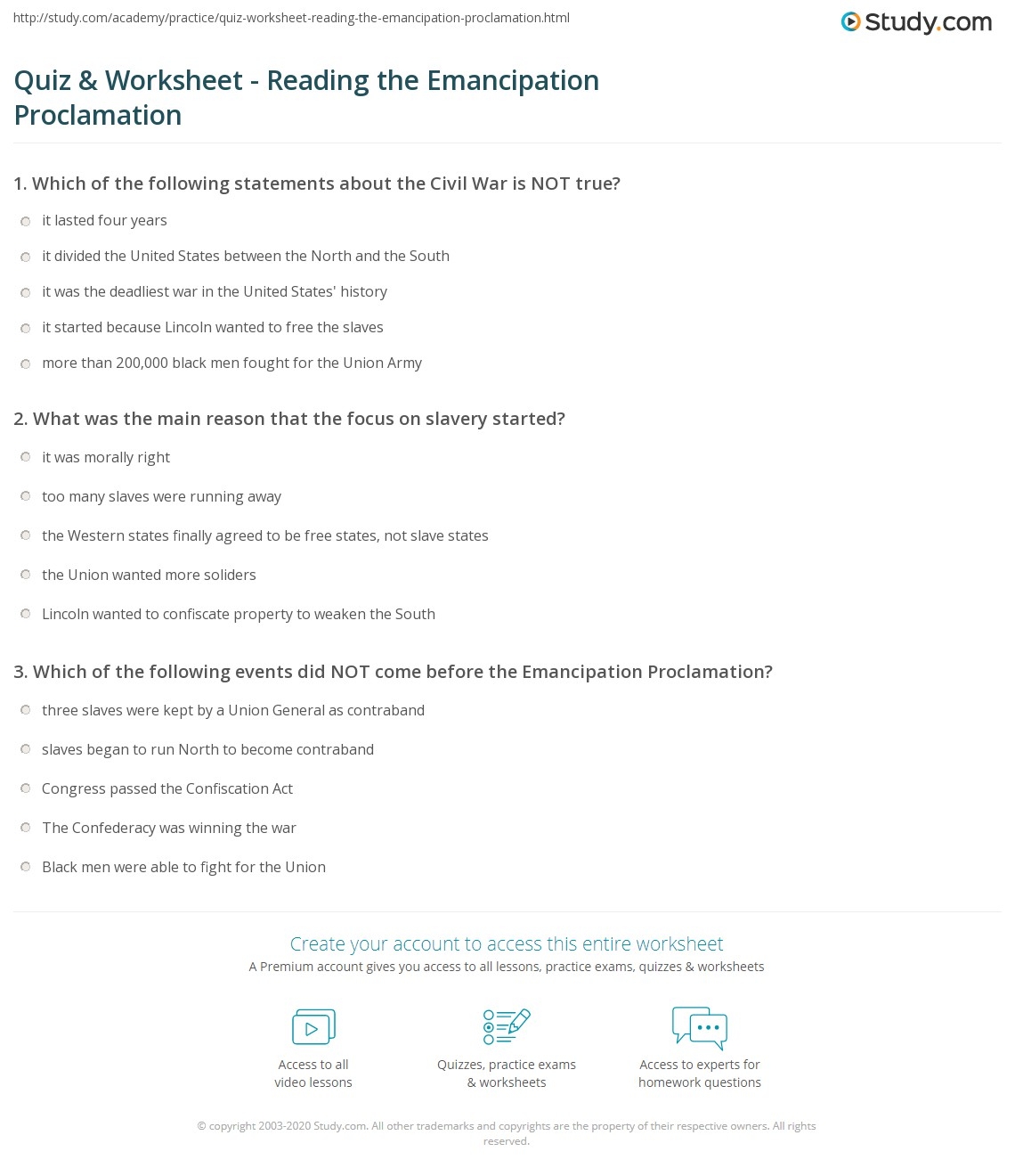 Quiz Worksheet Reading The Emancipation Proclamation Study