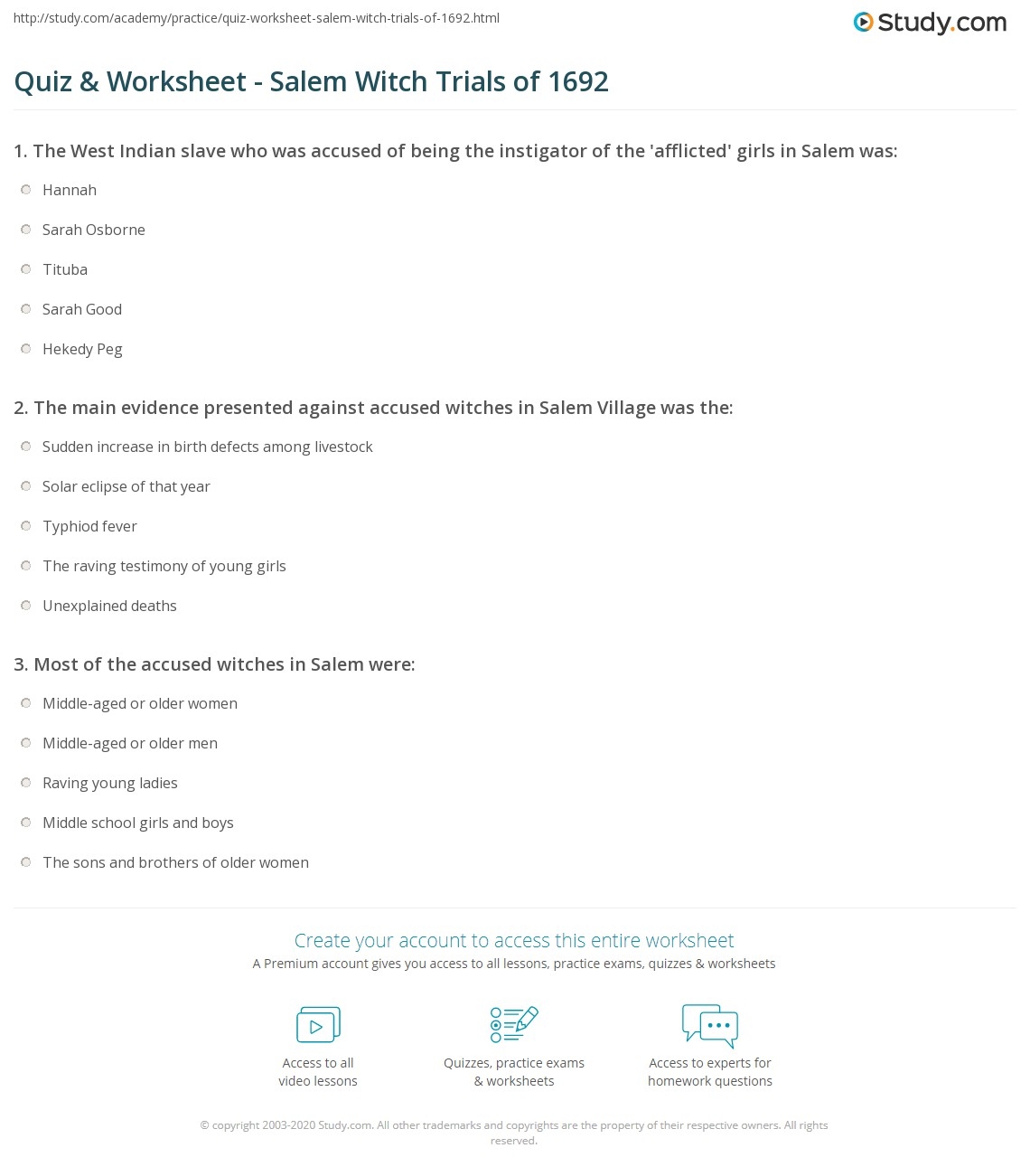 Quiz Worksheet Salem Witch Trials Of 1692 Study Quiz Worksheet Salem Witch Trials Of 1692 Study