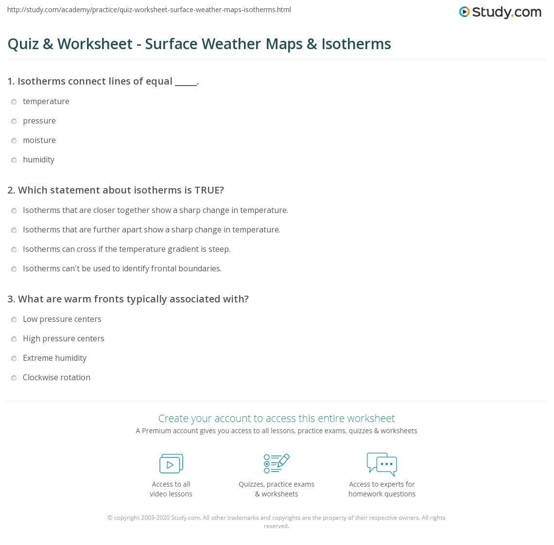 Quiz Worksheet Surface Weather Maps Isotherms Study