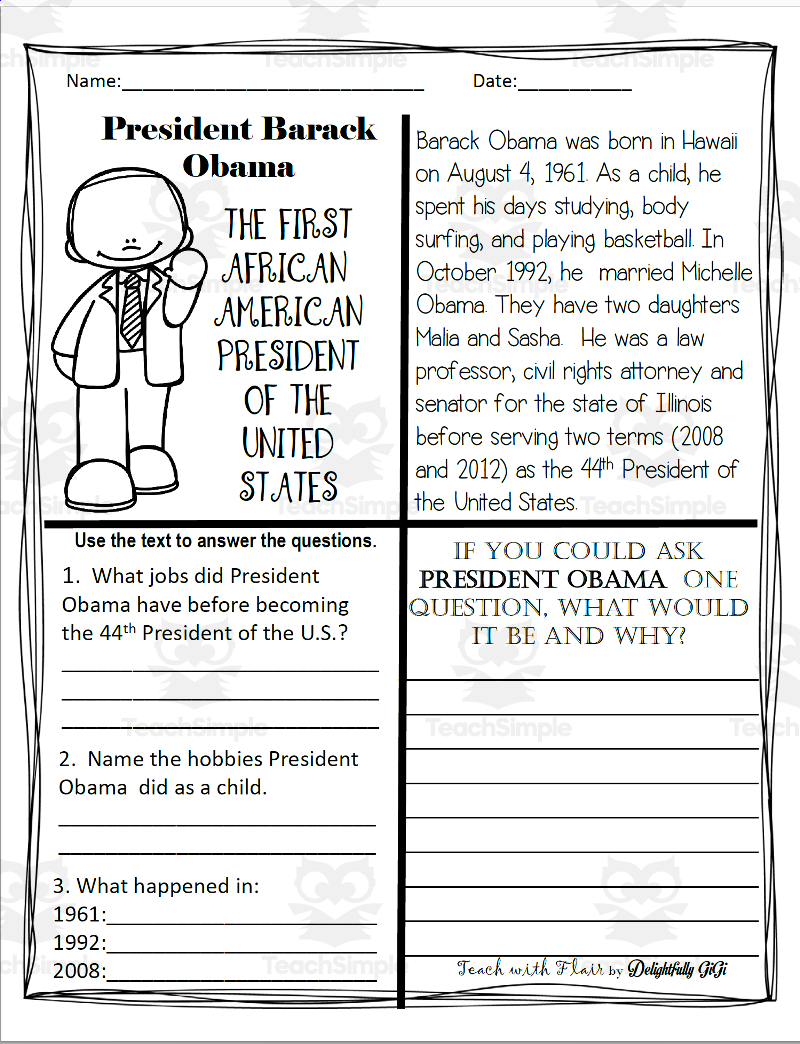 Reading Comprehension For Black History Month President Barack Obama By Teach Simple Reading Comprehension For Black History Month President Barack Obama By Teach Simple