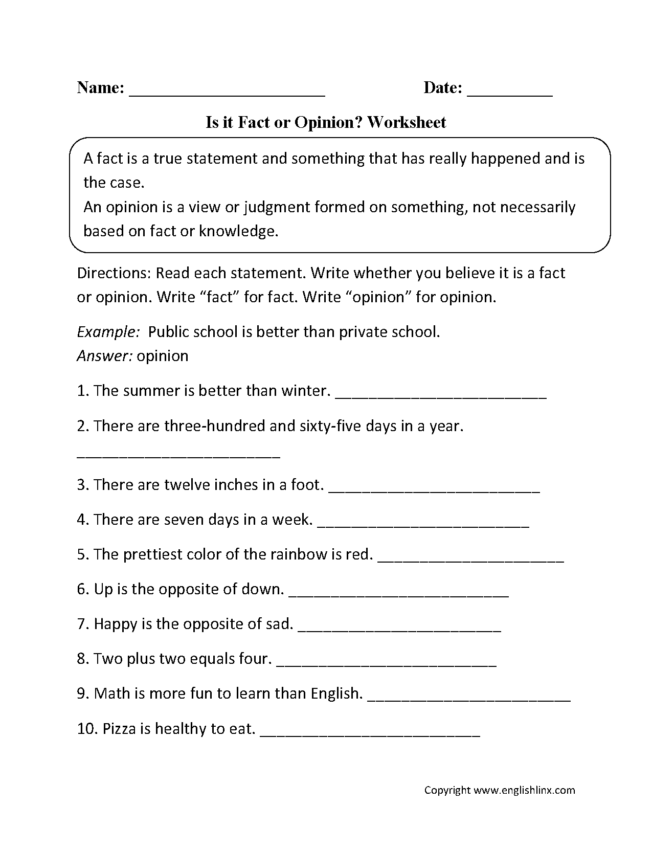 Fact And Opinion Worksheets Grade1to6