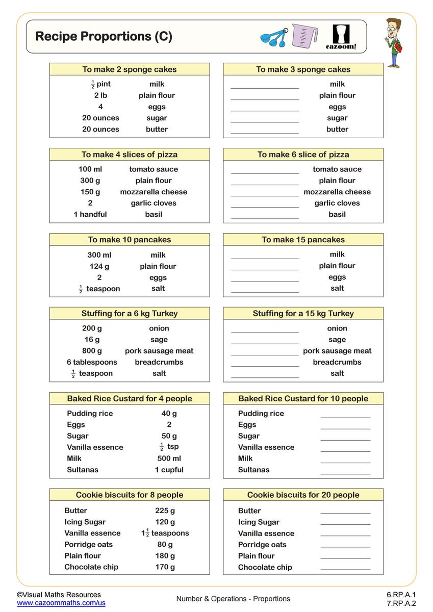 Recipe Proportions C Worksheet PDF Printable Number Operations Worksheet Cazoom Math