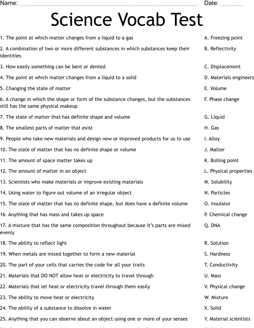 Science Vocab Test Worksheet WordMint Science Vocab Test Worksheet WordMint