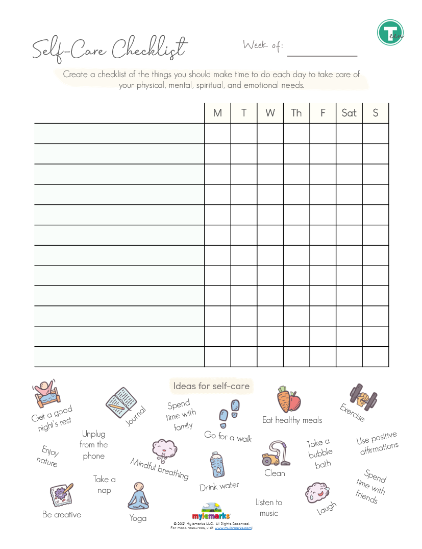 Self Care Checklist Teen F