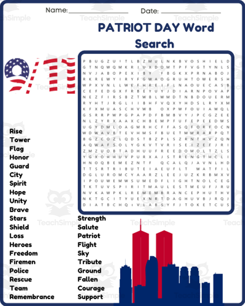 SEPTEMBER 11TH PATRIOT DAY Word Search Puzzle Worksheet Activity By Teach Simple SEPTEMBER 11TH PATRIOT DAY Word Search Puzzle Worksheet Activity By Teach Simple