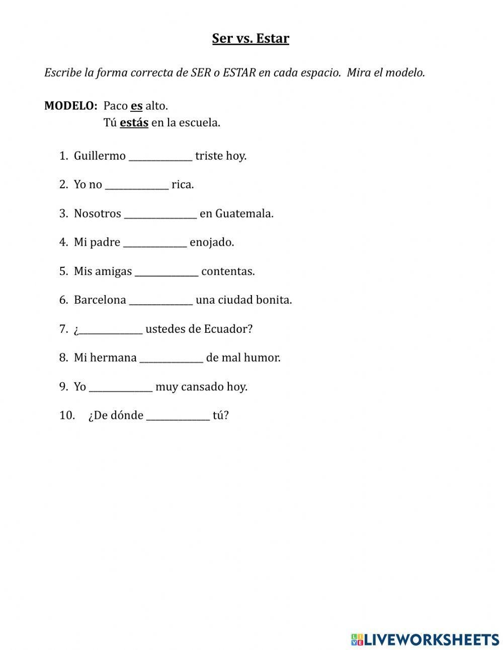 Verbo Ser Y Estar Actividades Verb To Be Grammar Worksheets In Spanish Made By Teachers