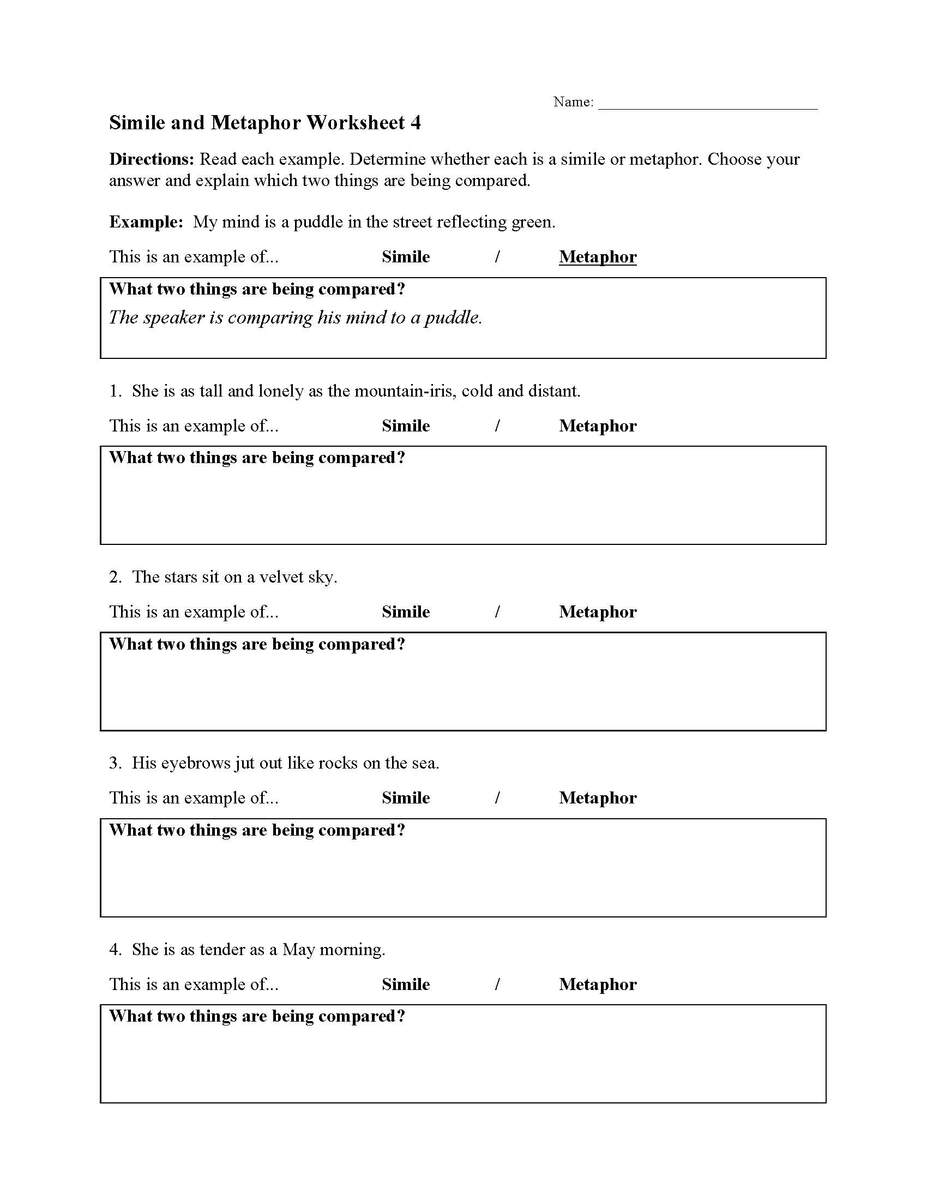 Simile And Metaphor Worksheet 4 Figurative Language Activity