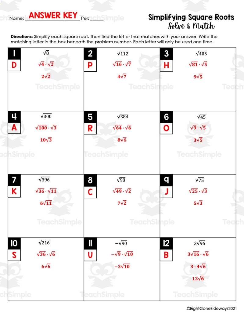 Simplifying Radicals Solve Match Worksheet By Teach Simple Simplifying Radicals Solve Match Worksheet By Teach Simple