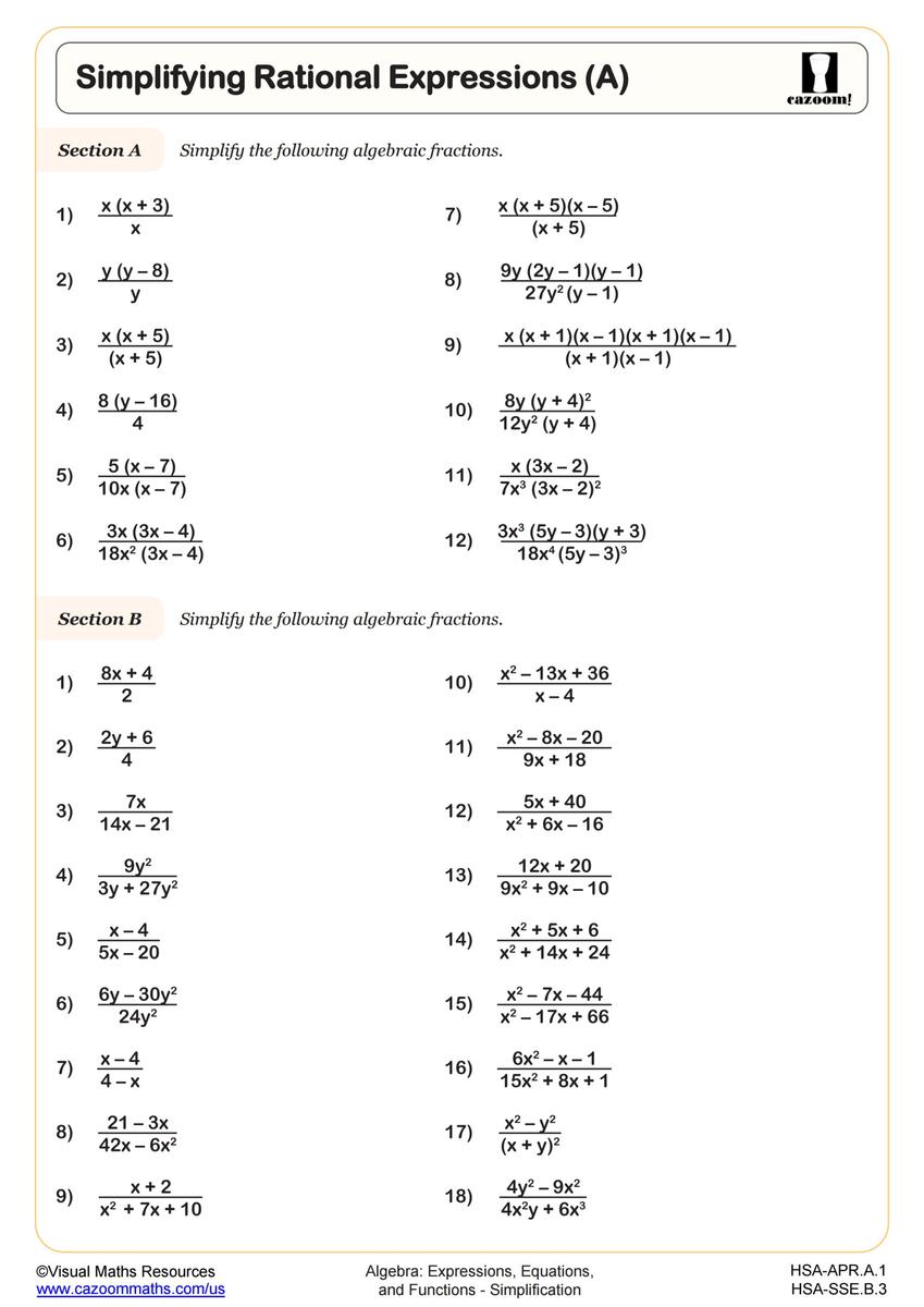 Simplifying Rational Expressions A Worksheet Algebra II PDF Worksheets Cazoom Math Simplifying Rational Expressions A Worksheet Algebra II PDF Worksheets Cazoom Math