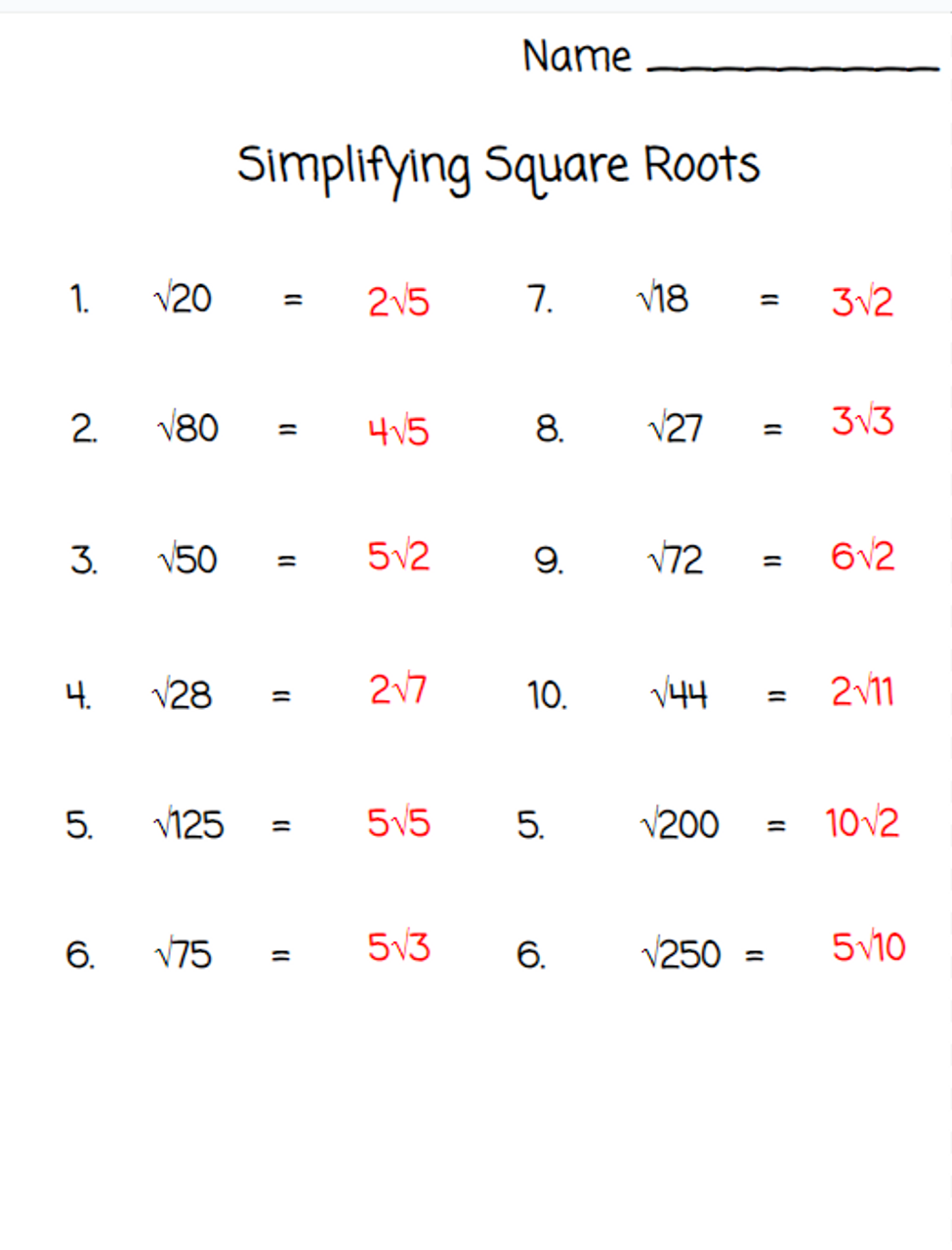 Simplifying Square Roots Worksheets Library Simplifying Square Roots Worksheets Library