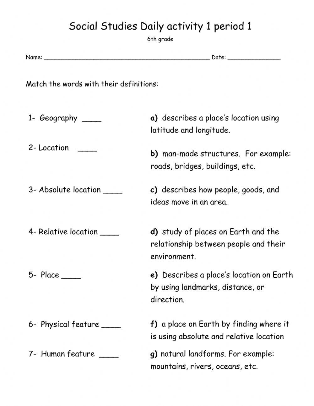 6th Grade Social Studies Unit 1 Worksheet WordMint Worksheets Library