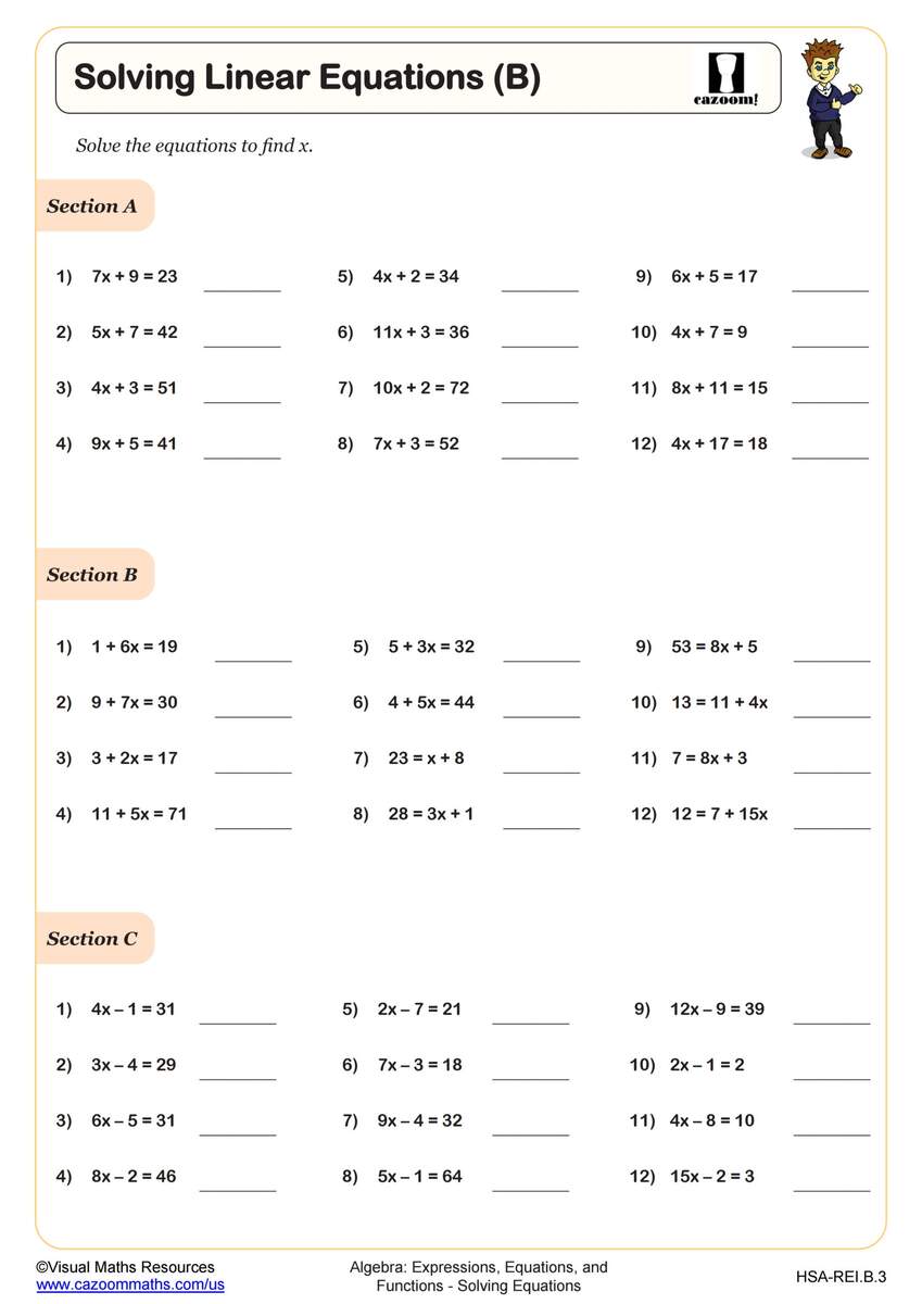 Solving Linear Equations B Worksheet PDF Printable Algebra Worksheet Cazoom Math Solving Linear Equations B Worksheet PDF Printable Algebra Worksheet Cazoom Math