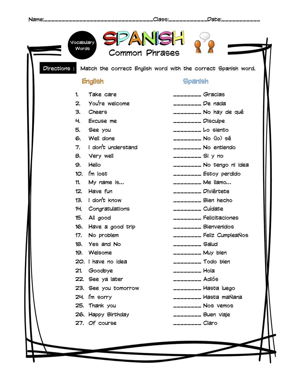 Spanish Common Phrases Vocabulary Matching Worksheet Answer Key Made By Teachers Printable Beginner Spanish Greetings Worksheet Saludos En Espa Ol Made By Teachers