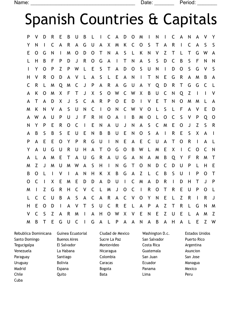 Spanish Countries Capitals Word Search WordMint Spanish Countries Capitals Word Search WordMint