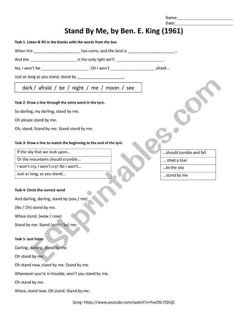 Stand By Me Ben E King ESL Worksheet By Shacurington Free Benjamin Franklin Coloring Page Timeline Worksheet