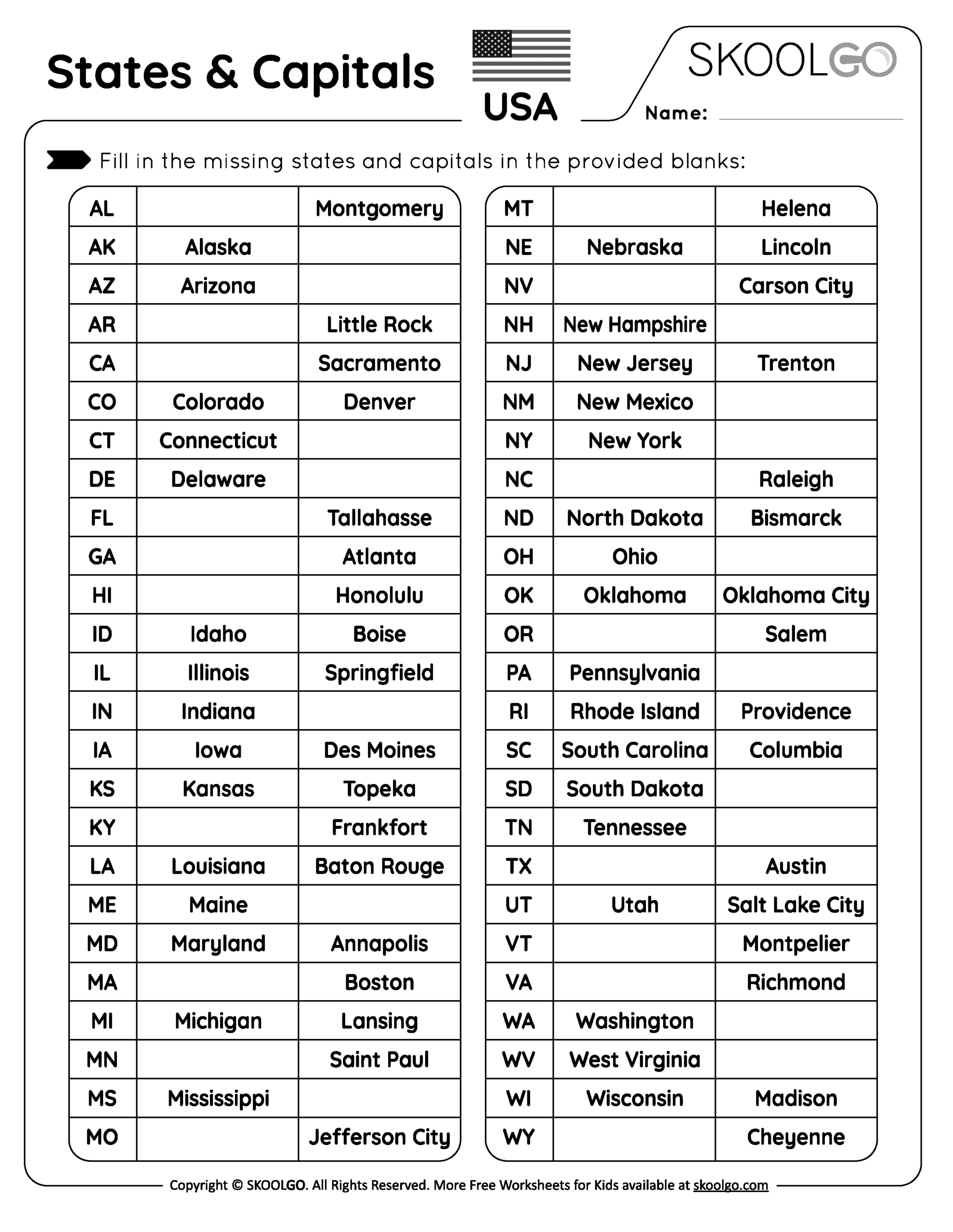 States And Capitals Free Worksheet For Kids SKOOLGO States And Capitals Free Worksheet For Kids SKOOLGO