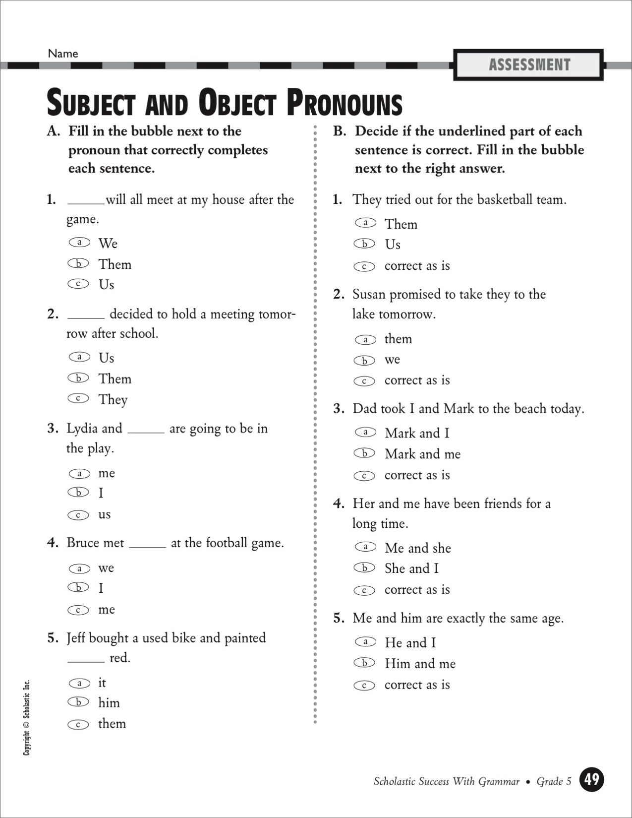 Subject And Object Pronouns Grade 5 Printables Pronoun Worksheets Library