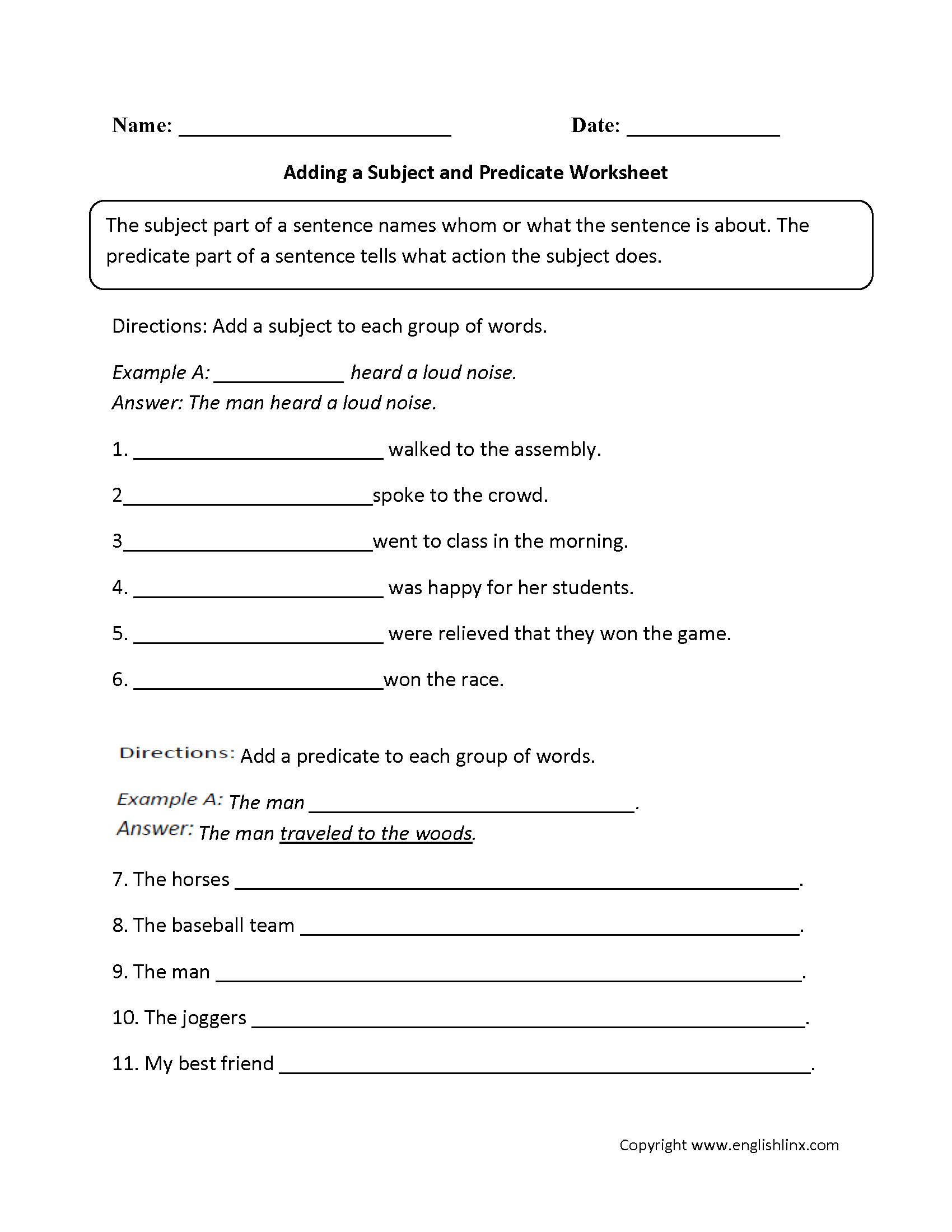 Subject And Predicate Worksheets Adding A Subject And Predicate Worksheet English Grammar Worksheet Worksheets Worksheets Worksheets Library