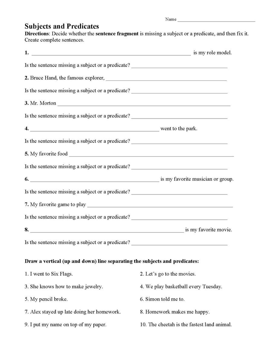 Subjects Predicates And Objects Language Arts Activities