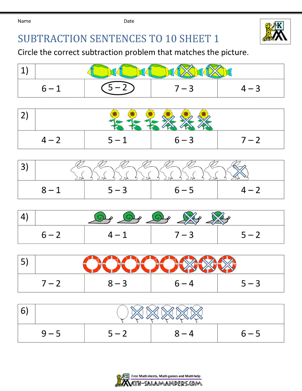 Subtraction To 10 Worksheets Subtraction To 10 Worksheets