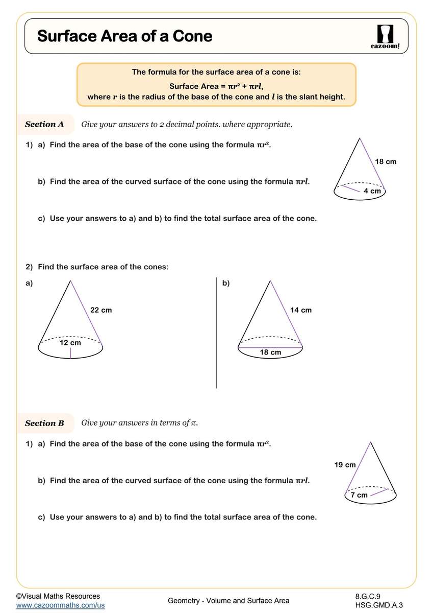 Surface Area Of A Cone Worksheet Fun And Engaging Middle And High School Geometry Worksheet Cazoom Math Surface Area Of A Cone Worksheet Fun And Engaging Middle And High School Geometry Worksheet Cazoom Math