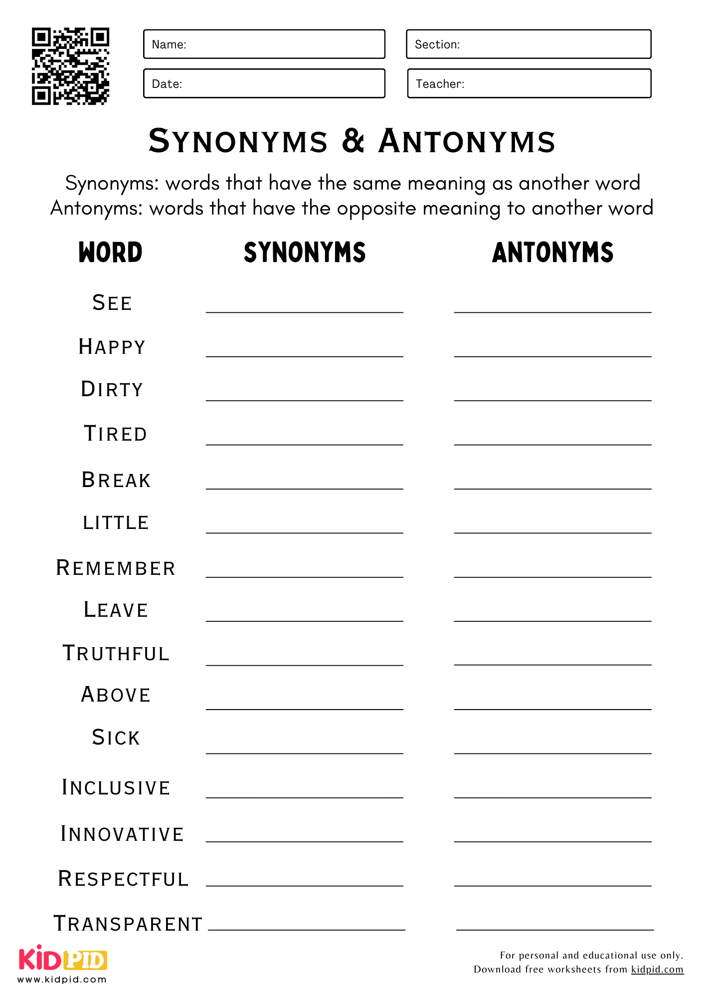 Synonym Antonym Writing Worksheets For Grade 5 Kidpid Synonyms Worksheets Free Printable Vocabulary Activities