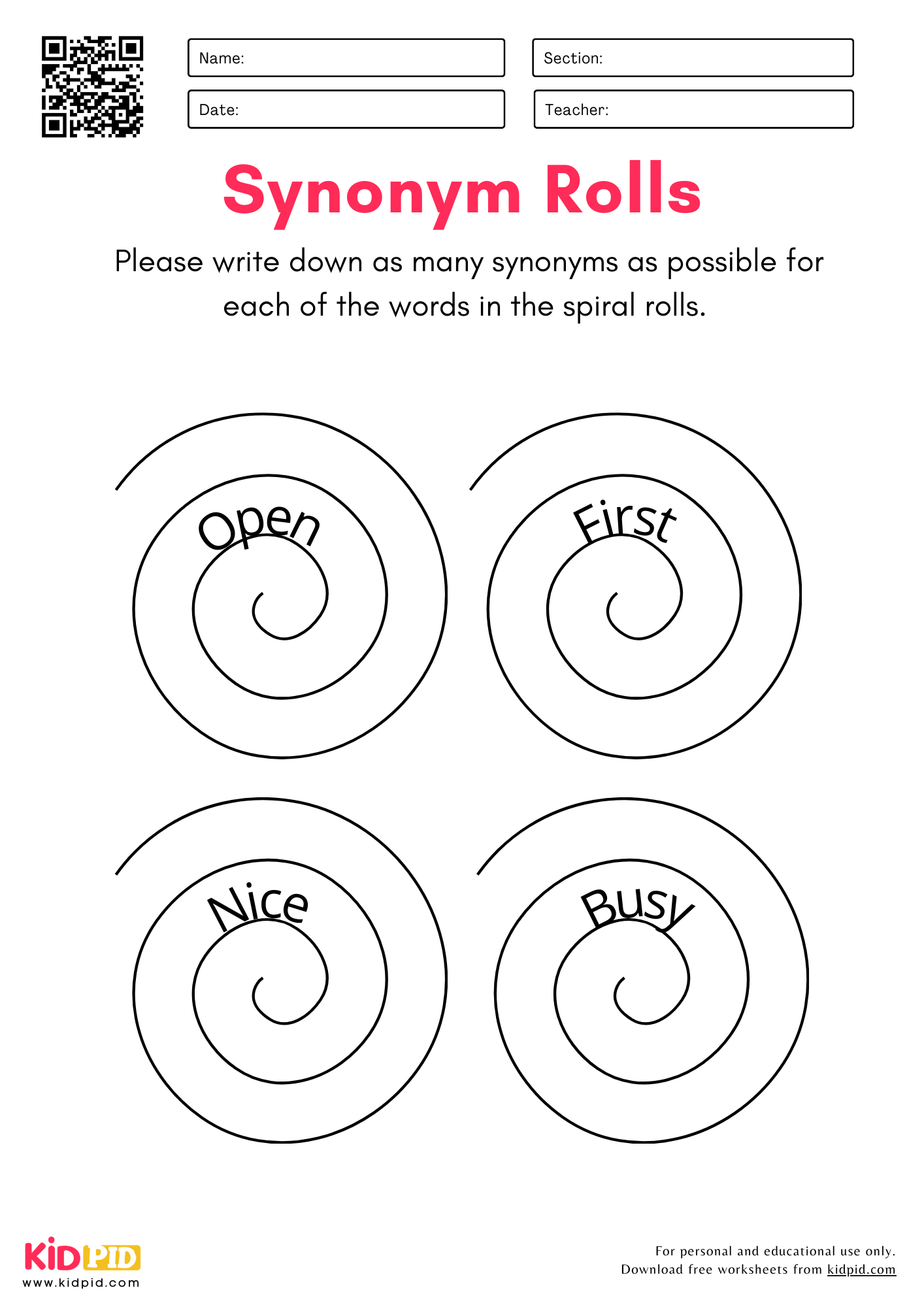 Synonyms Spiral Rolls Worksheets For Grade 2 Kidpid