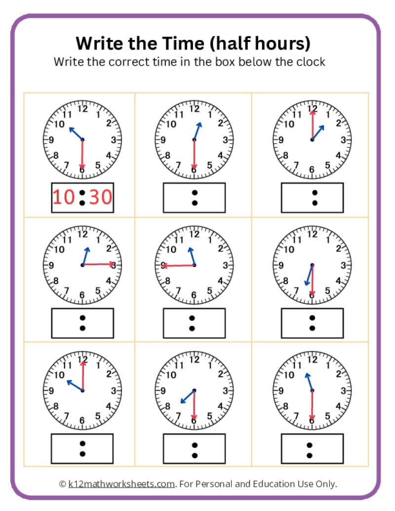 Free Telling Time To The Half Hour Worksheets Teach Prints