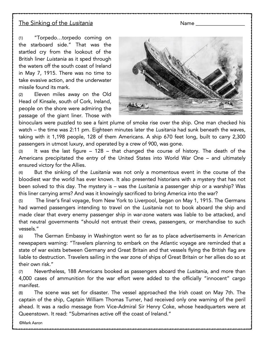 The Sinking Of The Lusitania Classful The Sinking Of The Lusitania Classful