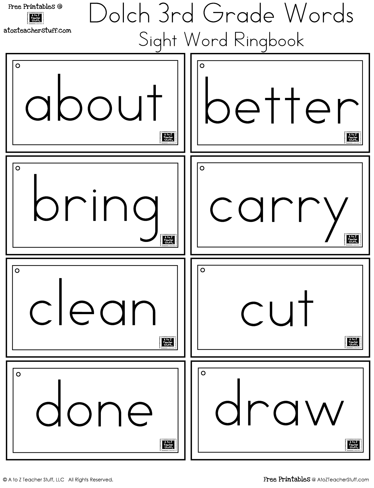Third Grade Dolch Sight Words Ring Book A To Z Teacher Stuff Third Grade Book Report Worksheets Free Homeschool Deals