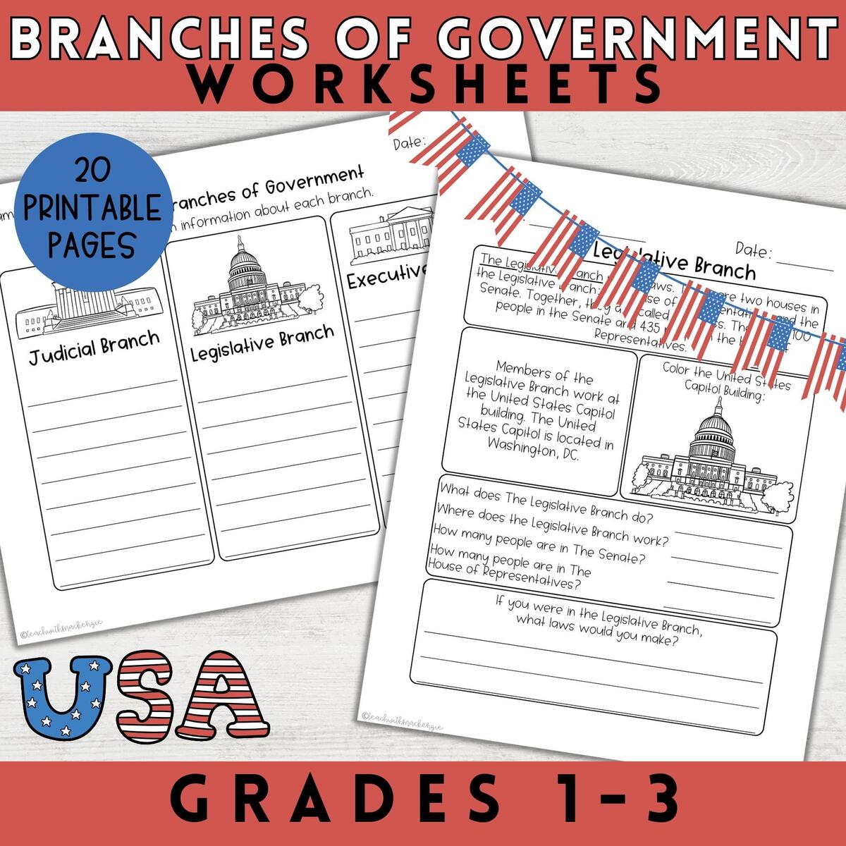 Three Branches Of Government Worksheets For 1st Grade 2nd Grade 3rd Grade Government Worksheets For Homeschool United States Worksheets Etsy