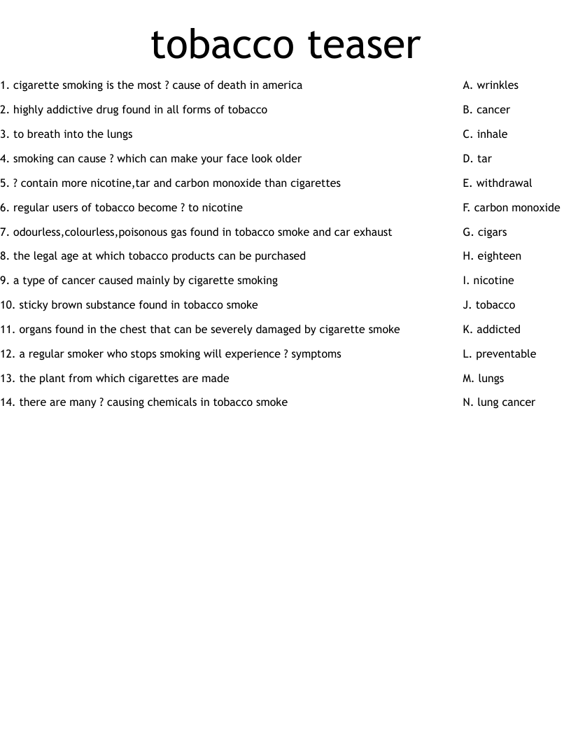 Tobacco Teaser Worksheet WordMint