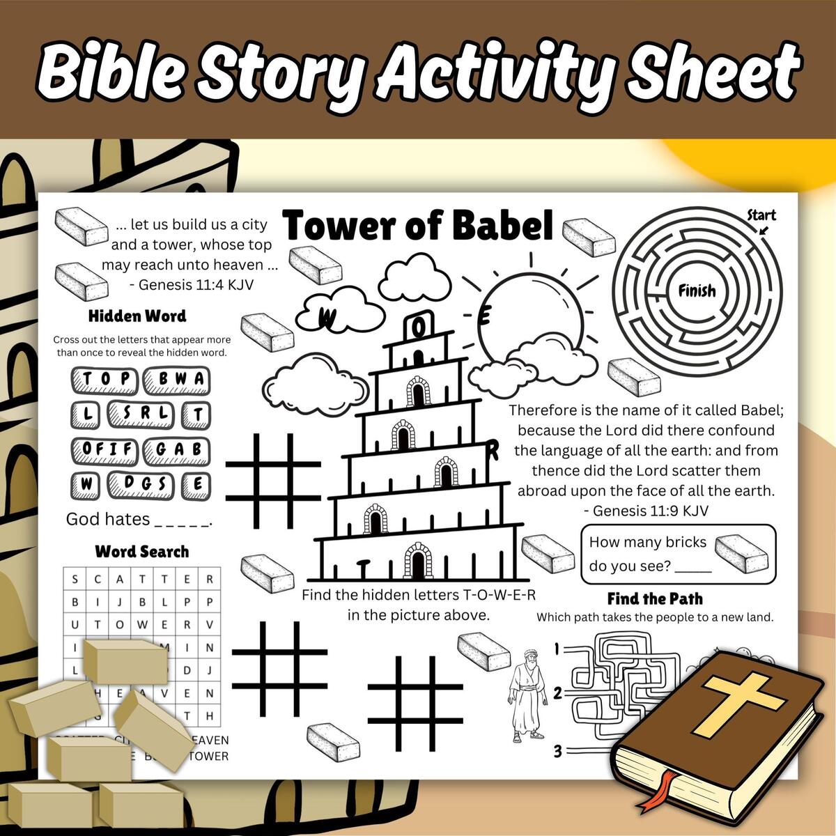 Tower Of Babel Activity Sheet Bible Story Coloring Activity Page Tower Of Babel Activity Placemat Tower Of Babel Bible Lesson Printable Etsy