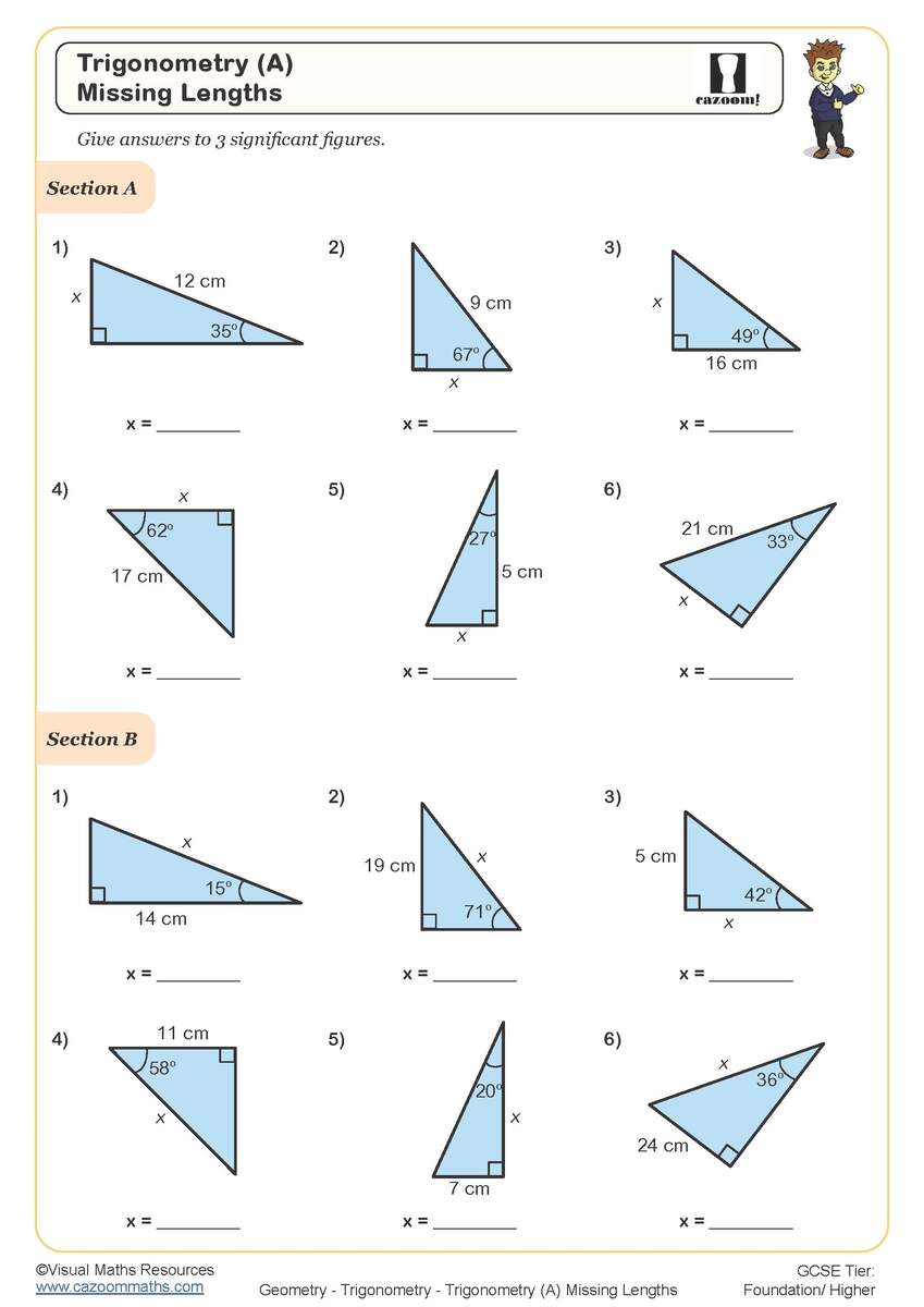 Trigonometry A Missing Lengths Worksheet Printable Maths Worksheets