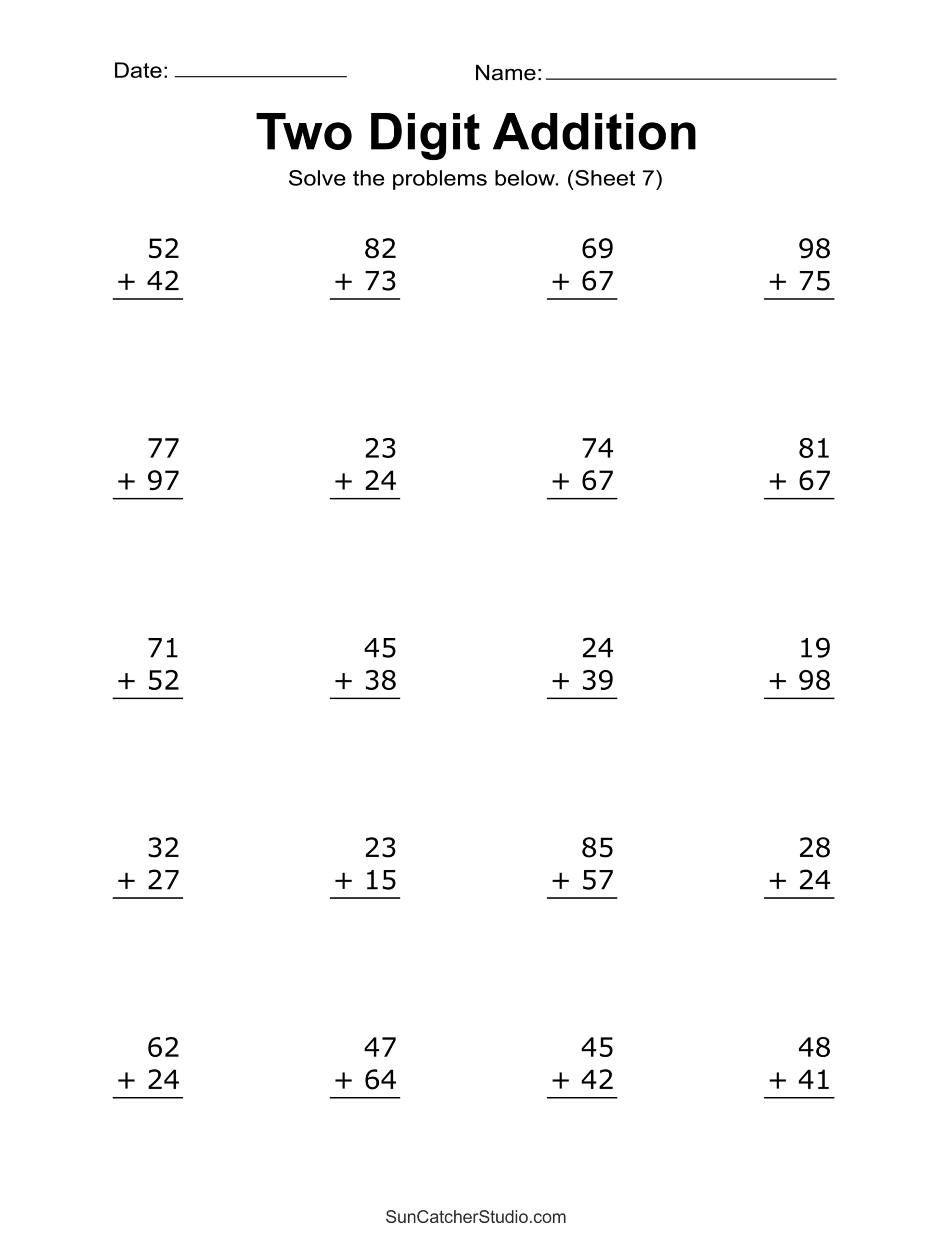 Two Digit Addition Worksheets Printable 2 Digit Problems Free Printables Lettering SVG Files Tools Apps