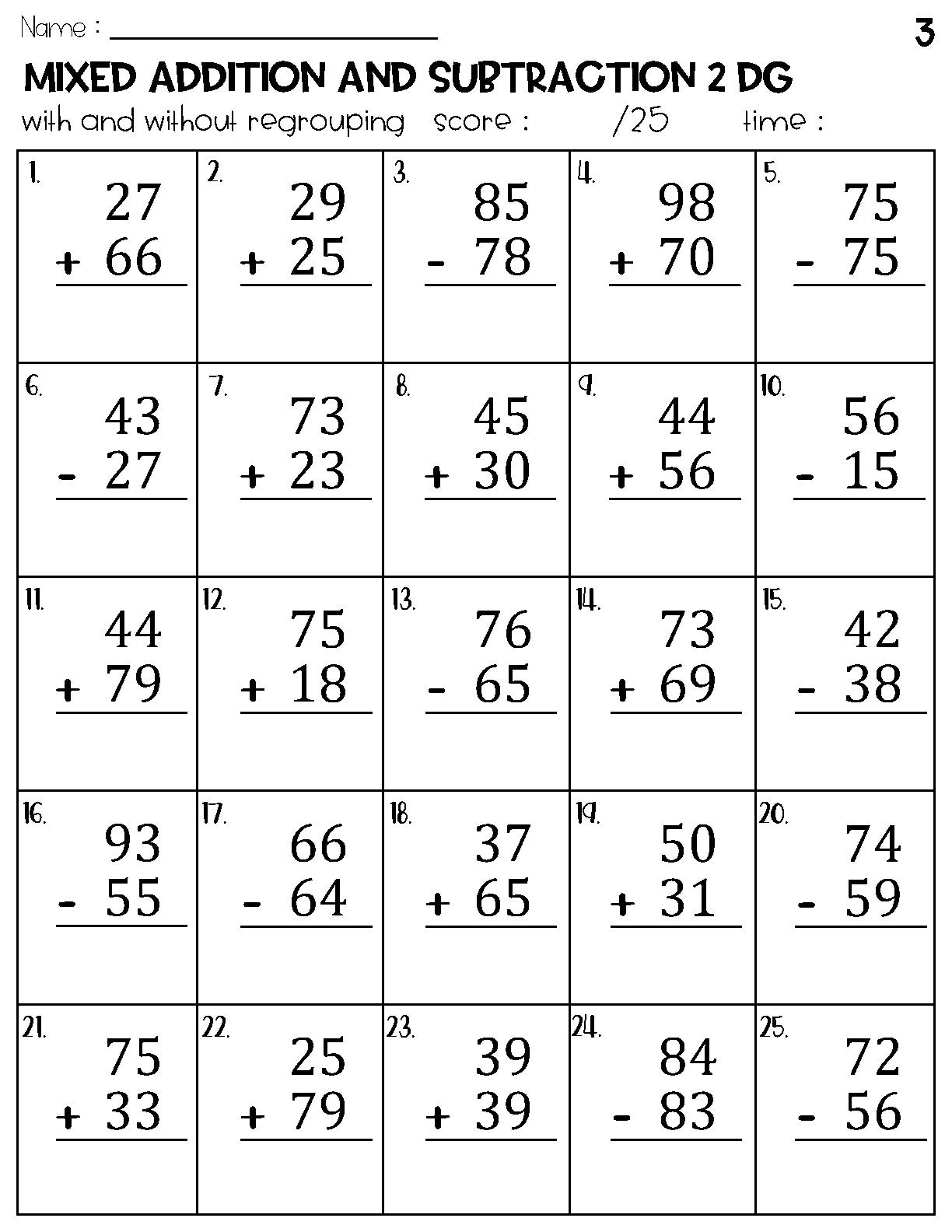 Two Digit Mixed Addition And Subtraction With And Without Regrouping Worksheets Etsy