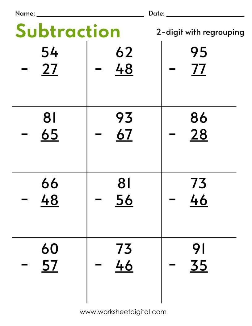 Double Digit Subtraction With Regrouping Borrowing K12 Math Worksheets