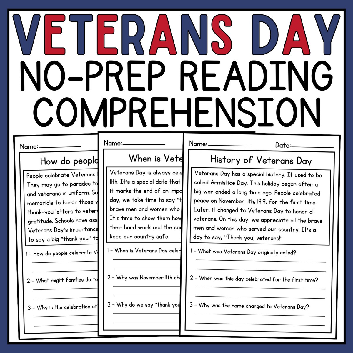 Veterans Day Reading Comprehension Passages Veterans Day Activities Made By Teachers