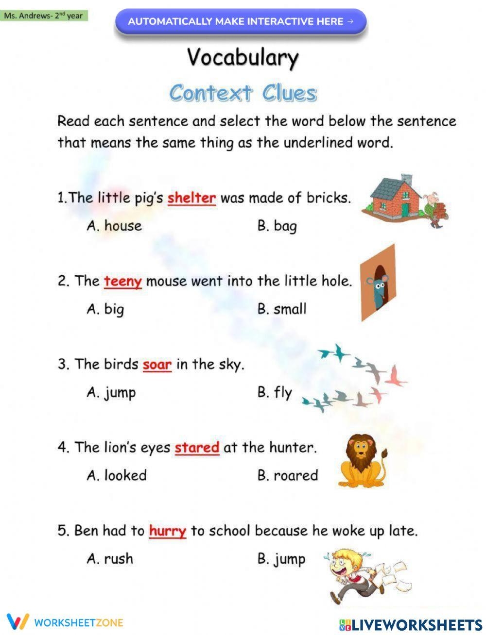 Vocabulary Context Clues Worksheet Worksheets Library