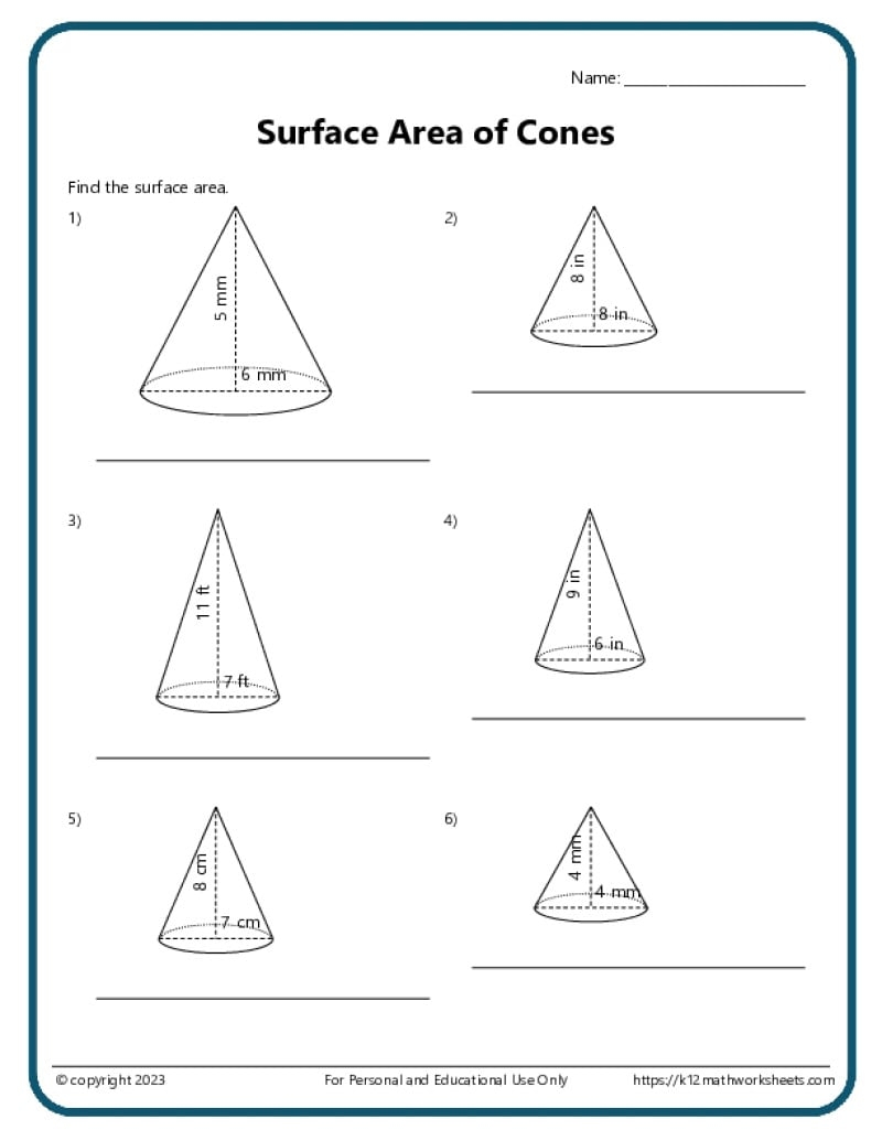 Volume And Surface Area Of Cones K12 Math Worksheets Surface Area Of Cones And Spheres Worksheet PDF Printable Geometry Worksheet Cazoom Math