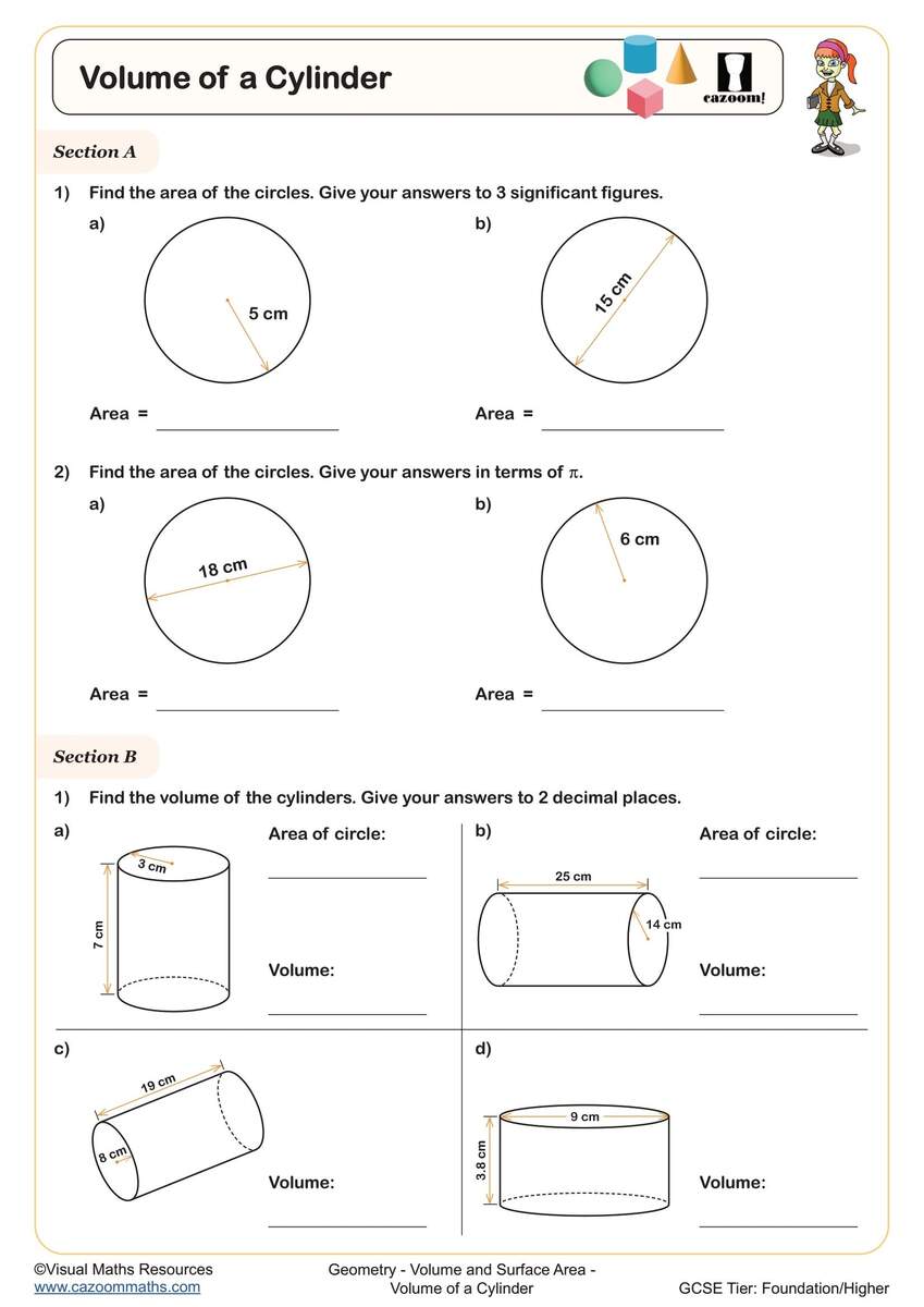 Volume Of A Cylinder Worksheet Printable PDF For Year 9 And Year 10 Geomtery Worksheet