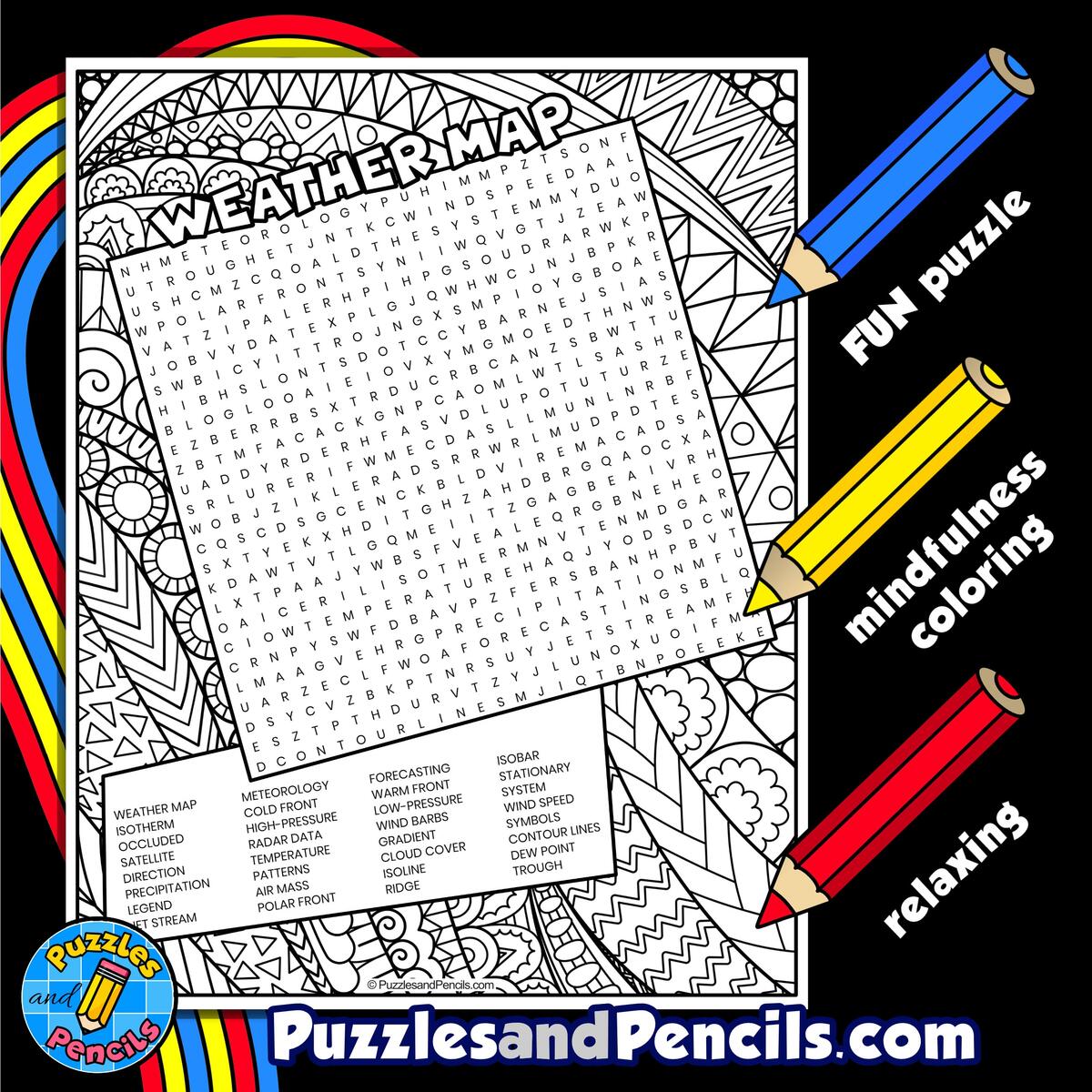 Weather Map Word Search Puzzle With Coloring Weather Wordsearch Made By Teachers