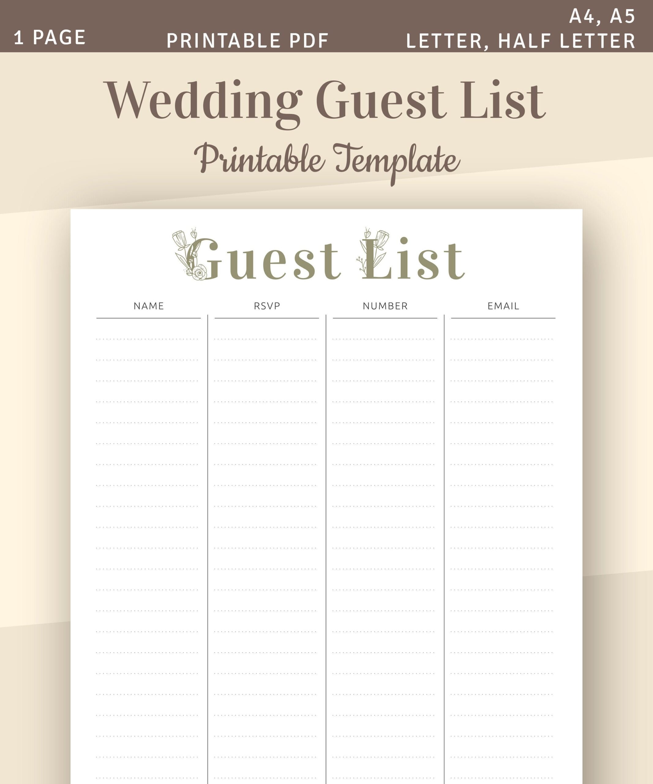 Wedding Guest List Printable Template A4 A5 Letter Etsy Printable Wedding Guest List Wedding Planner Event Planning Guest Tracker Print At Home Instant Download PDF US Letter A4 Etsy