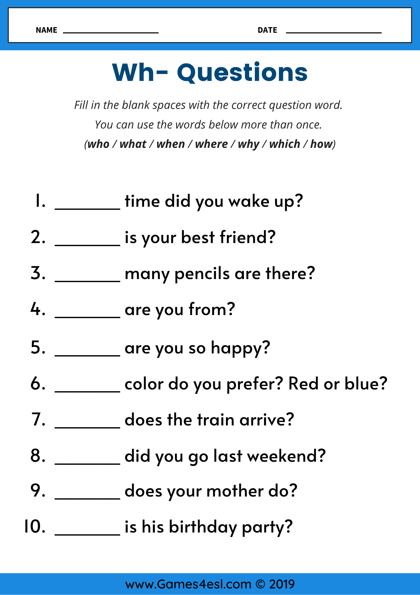Wh Questions Worksheets Practice Who What When Where Why Which And How Games4esl Question Words Complete The Dialogue With The Correct Question Words Grammar Worksheet Free Printable PDF Ezpzlearn
