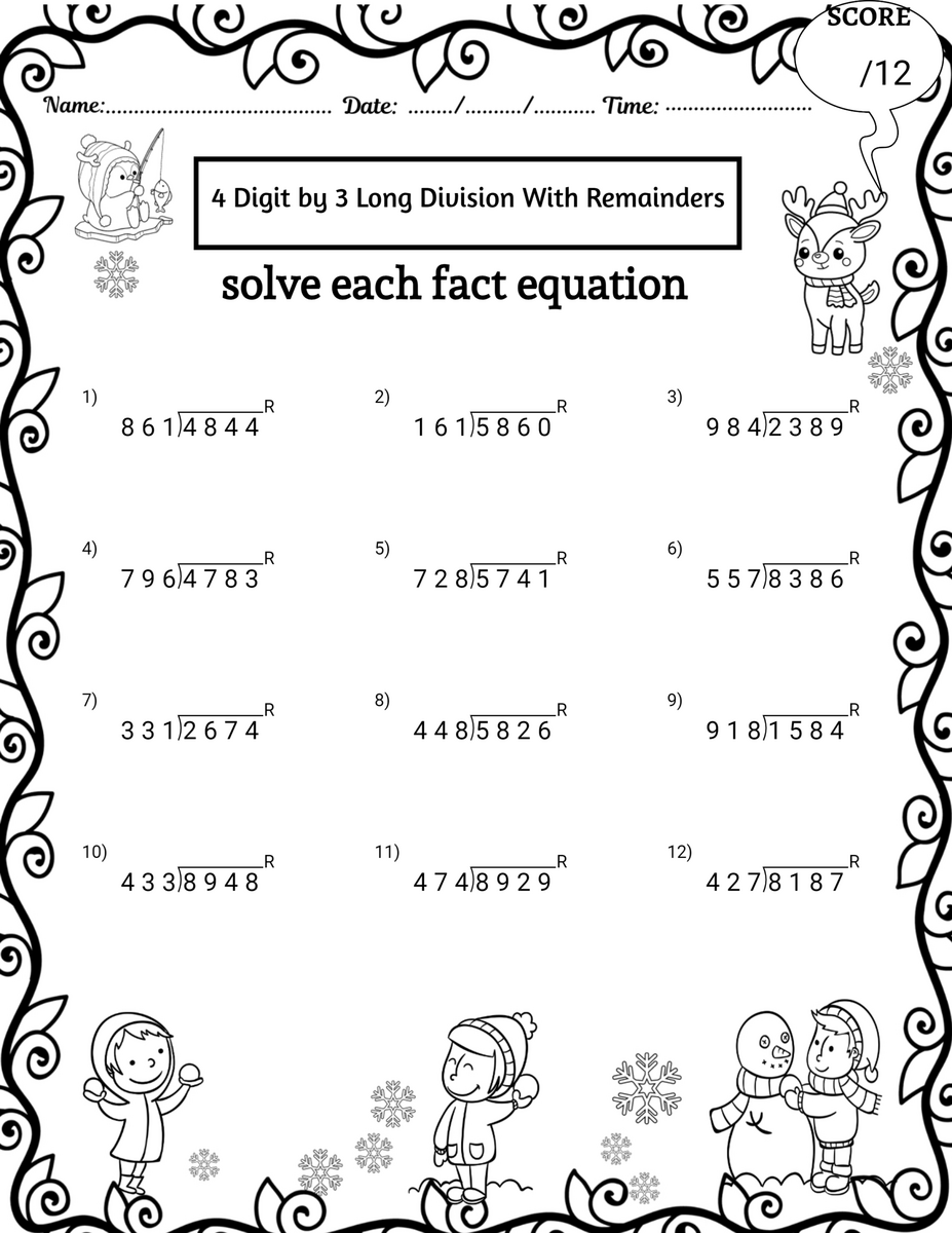 Winter 4 Digit By 3 Digit Long Division Worksheets No Remainders Made By Teachers