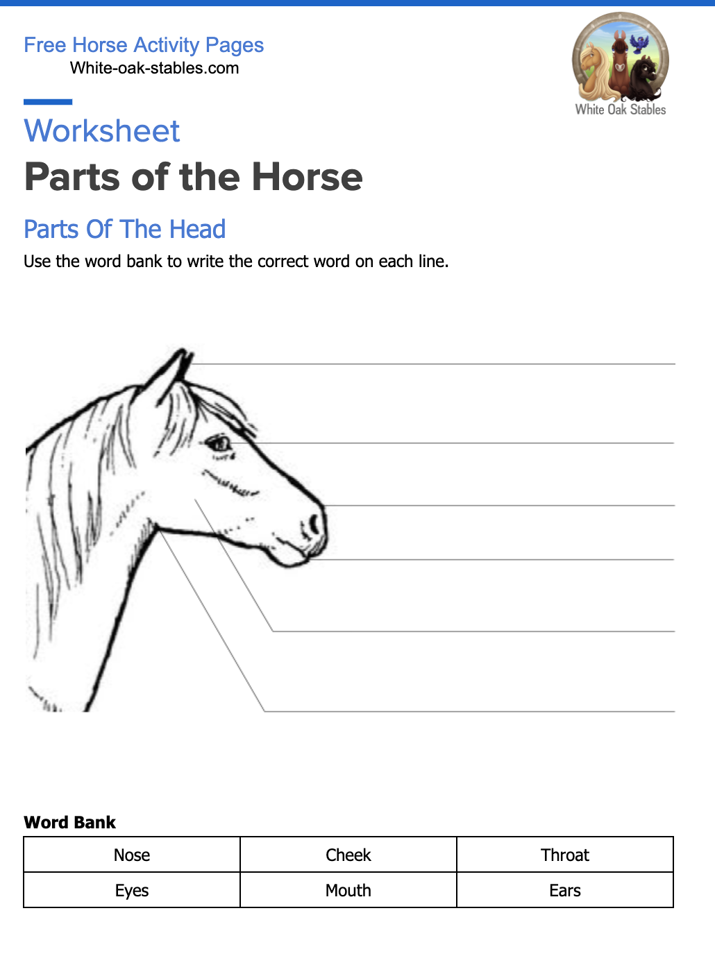 Worksheet Parts Of The Horse White Oak Stables