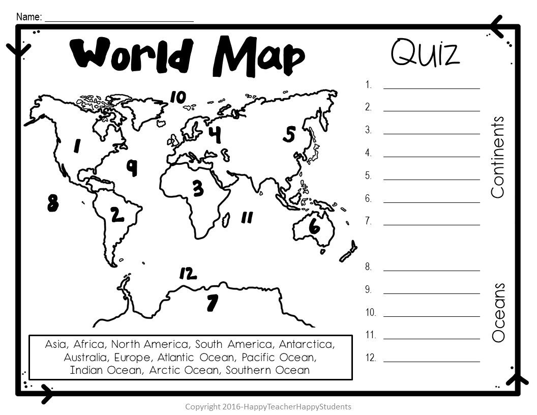 World Map World Map Quiz Test And Map Worksheet 7 Continents And 5 Oceans Made By Teachers Cut And Paste Continents And Oceans World Map By Teach Simple